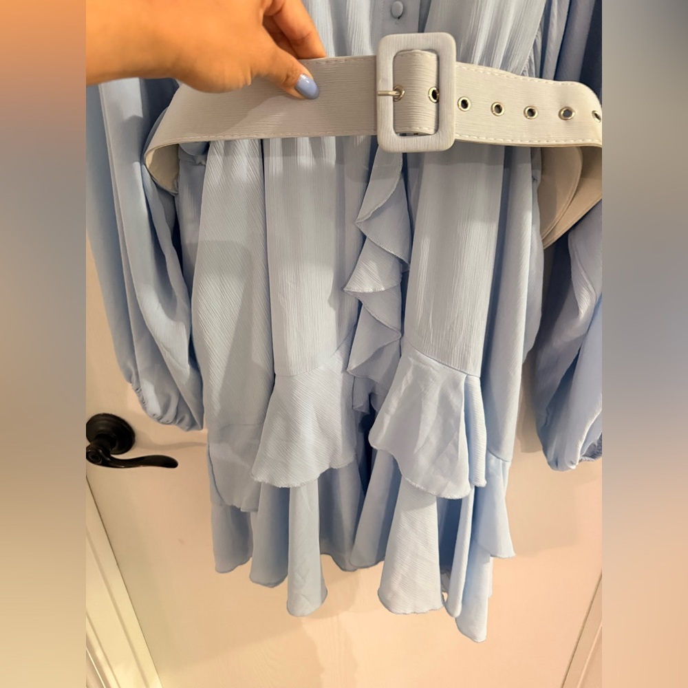Simplee Plus-Sized Light Blue Ruffled Belted Dress - Picture 5 of 6
